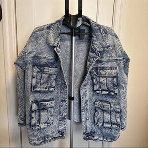 Women’s Wild Fable Denim Blue Acid Wash Cargo Oversized Trucker Jacket XXL